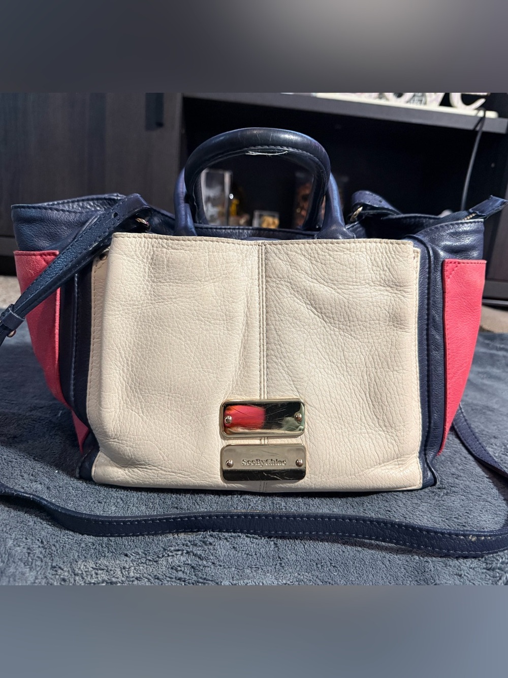See By Chloe Cream, Navy & Red Leather Satchel